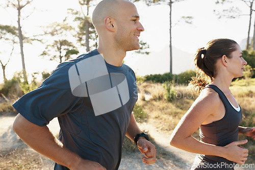 Image of Forest, fitness and coach running with woman as a workout or morning exercise for health and wellness together. Sport, man and runner with athlete as training in nature for sports run energy