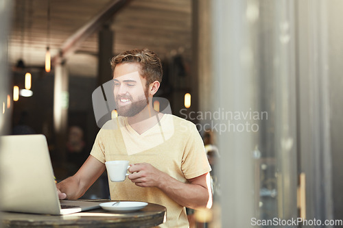 Image of Cafe store, laptop and happy man typing project, research or customer experience report, online review or reading web news. Tea cup, coffee shop drink and male client doing remote work in restaurant