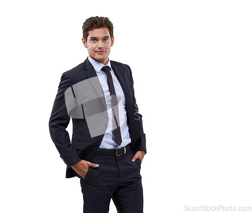 Image of Businessman, portrait and professional suit in studio or formal executive, relaxed corporate manager or confident boss with hands in pocket. Man, employee or entrepreneur on white background