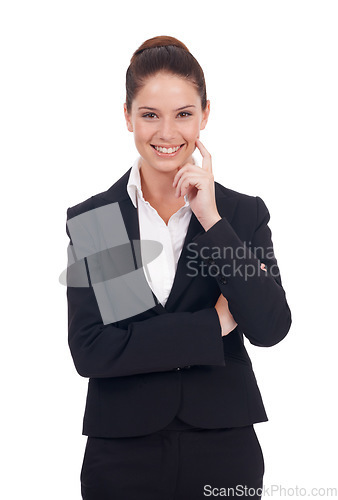 Image of Woman, portrait and business white studio background isolated with idea as an expert in a company. Professional, model and manager with a smile for leadership with creative solution for organisation.