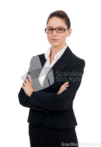 Image of Professional portrait, arms crossed and woman confidence in legal business work, law firm pride or corporate job career. Justice, studio attorney and female lawyer isolated on white background