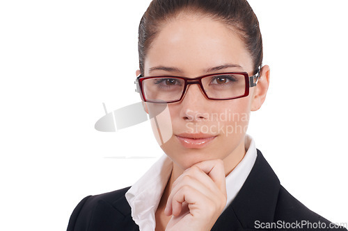 Image of Studio portrait, focus and corporate woman, real estate agent or realtor confidence for professional work. Face, expert and business person, management or consultant isolated on white background