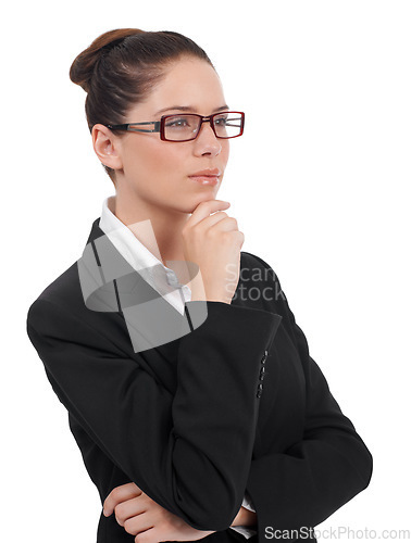 Image of Thinking, studio focus and business woman question, brainstorming decision choice or planning corporate ideas. Solution plan, problem solving and serious female manager isolated on white background