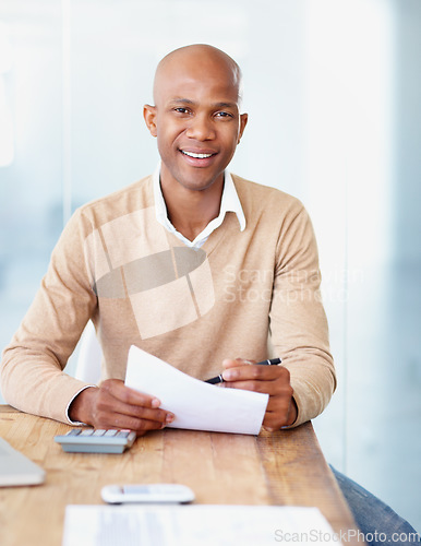 Image of Portrait, accountant and black man with paperwork in office with pride for career or job. Professional accounting, documents and happy business person from South Africa sitting in company workplace.