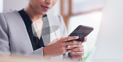 Image of Phone, office and hands of business woman online for social media, internet and connection. Communication, corporate workplace and female person on smartphone for website, mobile app and networking