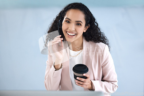 Image of Call center, customer support and portrait of woman with smile, coffee and headset for consulting. Telemarketing, communication and face of happy female worker for crm service, help desk and contact