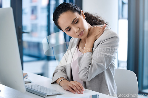 Image of Neck pain, stress and computer with business woman in office for tired, overworked and burnout. Exhausted, anxiety and mental health with corporate female employee at desk for frustrated and tension