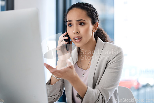 Image of Stress, business call and woman with computer scam and email in a office with conversation. Spam, African female person and anxiety of a employee talking on a web help communication at a company