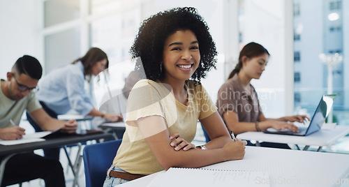 Image of Education, portrait and girl university student in classroom for business management lecture or studying. Phd, face and happy female college learner in a lecture for future, career or development