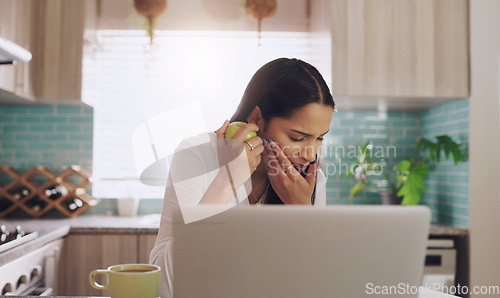 Image of Tooth ache, bite injury and woman with apple and food at home working on a computer. Fruit, teeth pain and female person with dental accident in house with mouth issue and cavity problem while eating