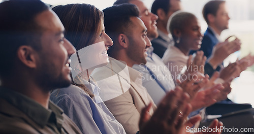 Image of Audience, clapping hands and business people at a conference, seminar or training workshop. Diversity men and women crowd applause at a presentation for success, achievement and corporate growth