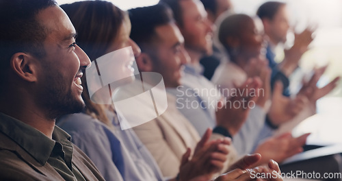 Image of Audience, conference and business people clapping hands at a seminar, workshop or training. Diversity men and women crowd applause and celebrate at a presentation for goals, knowledge and success