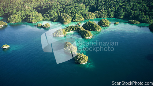 Image of Top view, water and island for freedom, travel and exploring, holiday or destination. Above, nature and tropical paradise with scenic views, plants and beauty for explore, traveling or Indonesia trip