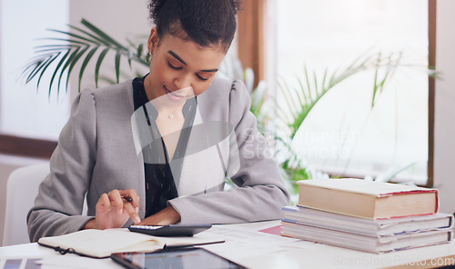 Image of Accounting, calculator and woman writing in notebook for finance budget, investment or planning. African person as accountant with books, pen and list for tax on business profit or income in office