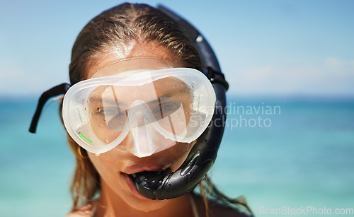 Image of Travel, scuba diving and portrait of woman at the beach for swimming, summer and vacation. Tropical, holiday and gear with female diver and mask at Hawaii seaside for adventure, exotic and explore