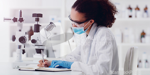 Image of Science, microscope and woman scientist writing for research, medicine and data analysis in a lab. Laboratory, healthcare and female health expert with book for medical, results and sample checklist