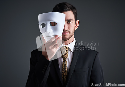 Image of Two faces, holding mask and businessman portrait in a studio with serious face with secret and fraud. Worker or corporate criminal with rope tie showing identity theft or liar in business suit mockup