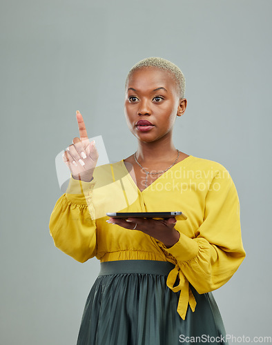 Image of Woman, click invisible button and tablet with choice on app, ux and futuristic interface by background. African girl, digital touchscreen and press with hand, analysis or planning on virtual display