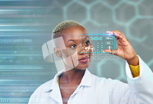 Image of Black woman, doctor and futuristic screen for digital DNA, science or data analytics on overlay. African female person or medical professional in future technology or research for holographic sample