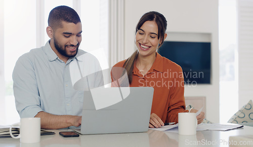 Image of Laptop, finance and couple planning bills, debt or mortgage payments together in the living room. Technology, financial documents and young man and woman paying with online banking in their home.