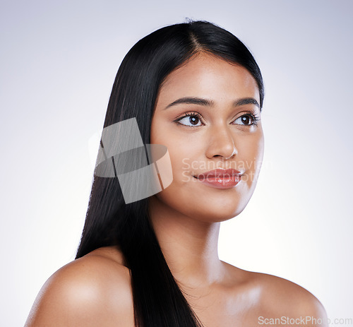 Image of Haircare, beauty and face of woman with long hair, smile and luxury salon treatment on white background in Brazil. Beauty, haircut and happy latino model with straight hairstyle on studio backdrop.