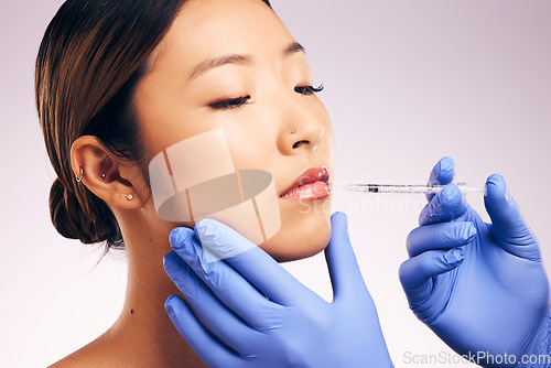 Image of Lips injection, skincare and woman with plastic surgery in studio isolated on a white background. Cosmetics, syringe and female model with lip filler for dermatology, facelift treatment and beauty.