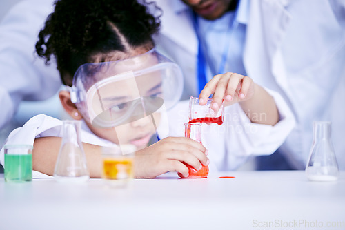 Image of Science, research and child doing a experiment in a lab in physics or chemistry class in school. Knowledge, education and girl kid student working on a scientific project with glass beaker and liquid