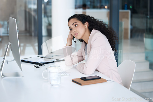Image of Tired, stress and call center with business woman in office for anxiety, exhausted and burnout. Help desk, mental health and frustrated with female employee at computer for consulting and overworked