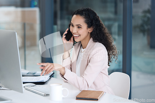 Image of Computer, consulting and phone call with business woman in office for networking, negotiation or contact. Communication, technology and planning with female employee for online, project or connection