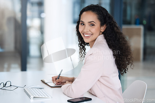 Image of Writing, planning and portrait of business woman in office for research, administration and schedule. Happy, smile and corporate with female employee and notebook for creative, receptionist and idea