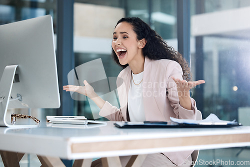 Image of Excited, shocked and business woman with computer news and email in a office. Success, promotion and employee with a smile and surprise in a company with online win and motivation of tech worker