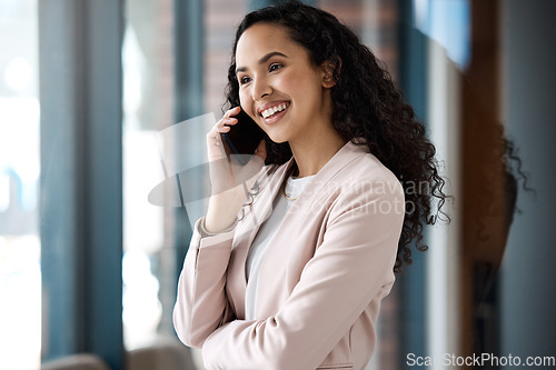 Image of Happy, consulting and phone call with business woman in office for networking, negotiation or contact. Communication, technology and planning with female employee for online, project or connection