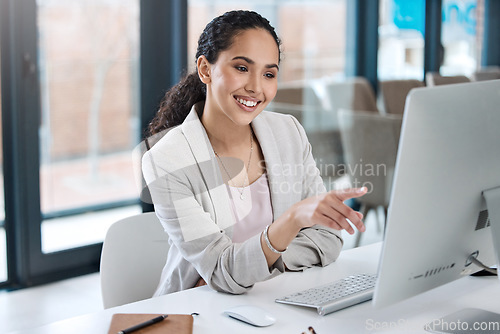 Image of Computer, success and businesswoman working in the office while reading information online. Happy, smile and professional female employee planning a corporate project on a desktop in the workplace.