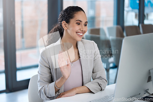 Image of Young business woman, wave and video call in office with smile for networking, contact or communication. Businesswoman, computer and webinar with happiness for online conference, chat or conversation