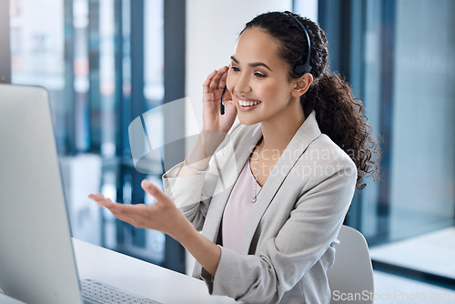 Image of Call center, consulting and computer with business woman in office for customer service, planning and help desk. Networking, contact us and research with employee for discussion and communication