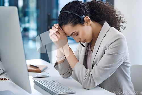 Image of Stress, headache and call center with business woman in office for tired, frustrated or burnout. Customer service, anxiety and mental health with female employee at computer for exhausted and mistake