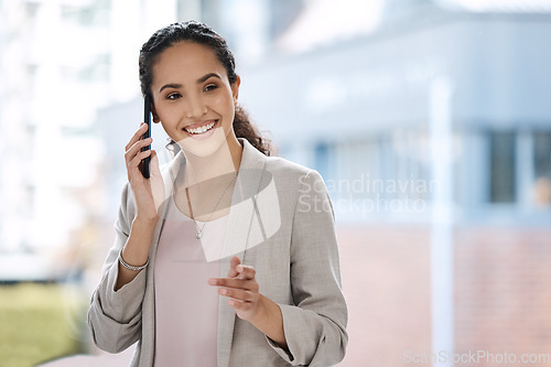 Image of Phone call, happy and businesswoman with cellphone in the office for communication or discussion. Happiness, smile and professional female employee on mobile conversation with confidence in workplace