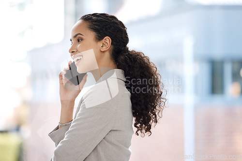Image of Phone call, communication and businesswoman talking in the office for corporate discussion. Happy, confidence and professional employee with smile on mobile conversation with cellphone in workplace.