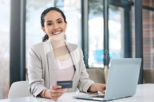 Image of Business woman, laptop online shopping and portrait with happiness and credit card. Paying bills, happy worker and ecommerce purchase of employee banking with website payment at a desk with computer