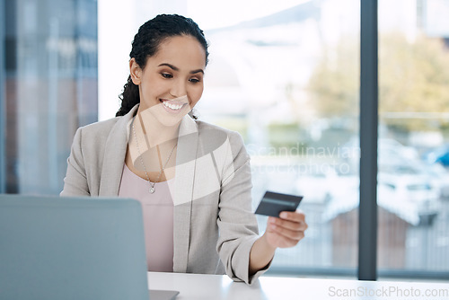 Image of Business woman, laptop online shopping and smile with happiness and credit card. Paying bills, happy worker and ecommerce purchase of employee banking with website payment at a desk with computer