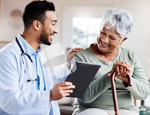 Image of Tablet, happy doctor and senior woman with disability and medical results, health advice or hospital services. Elderly patient, walking stick and consulting of healthcare people on digital technology