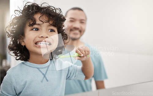 Image of Happy, morning and child brushing teeth with father for dental hygiene, oral care and freshness. Smile, showing results and a boy kid with dad and mirror reflection for tooth cleaning and routine