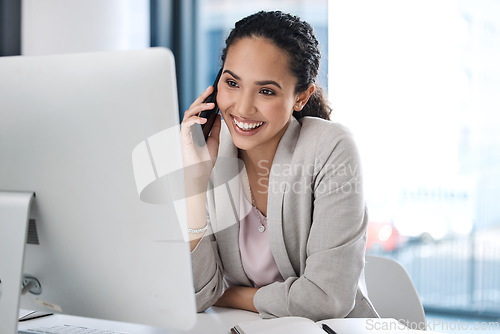 Image of Happy, phone call and computer with business woman in office for planning, consulting and networking. Communication, project and online with female employee for connection, contact and conversation