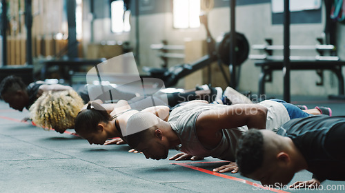 Image of Fitness, sports club and people do push up in gym for training, exercise and workout class. Health, motivation and serious group of men and women body builders for challenge, wellness and strength