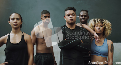 Image of Sports, fitness and portrait of men and women in gym for training, exercise and workout class. Teamwork, motivation and group of serious people ready for challenge, wellness and body builder club