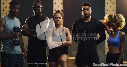 Image of Fitness, gym and portrait of men and woman ready for exercise, training and workout class. Sports club, body builder and group of people in class with motivation for challenge, wellness and teamwork