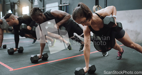 Image of Gym class, weights and plant of workout, training and exercise group with strength. Diversity, people and strong challenge for body lifting and fitness of athlete friends with dumbbell for health