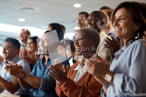 Image of Applause, support and motivation with a business team clapping as an audience at a conference or seminar. Meeting, wow and award with a group of colleagues or employees cheering on an achievement