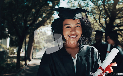 Image of Portrait, education or diploma on graduation, university or celebration with knowledge, success or scholarship. Face, female person or student with degree, college or event with certificate or study