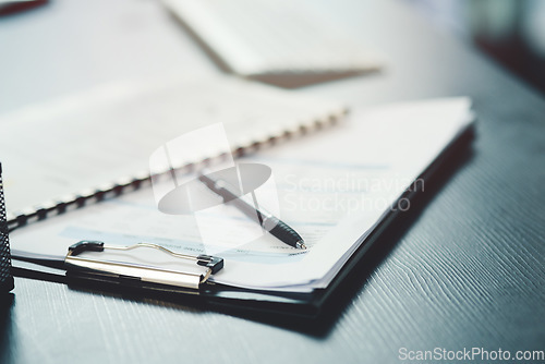 Image of Pen, paper and form or document for information, contract or life insurance application on a table. Paperwork, business files or survey on a desk in a empty office for planning, research or report